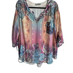 Unity Woman sz 2X multi print purple ruched sleeve split v neck lined Boho top